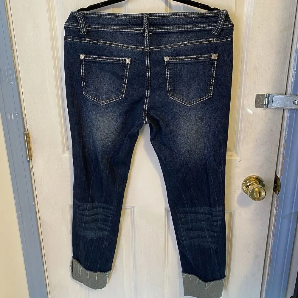 Almost Famous Jeans Women Sz 11 Stretch Distressed Blue Low Rise Cuffed Hem